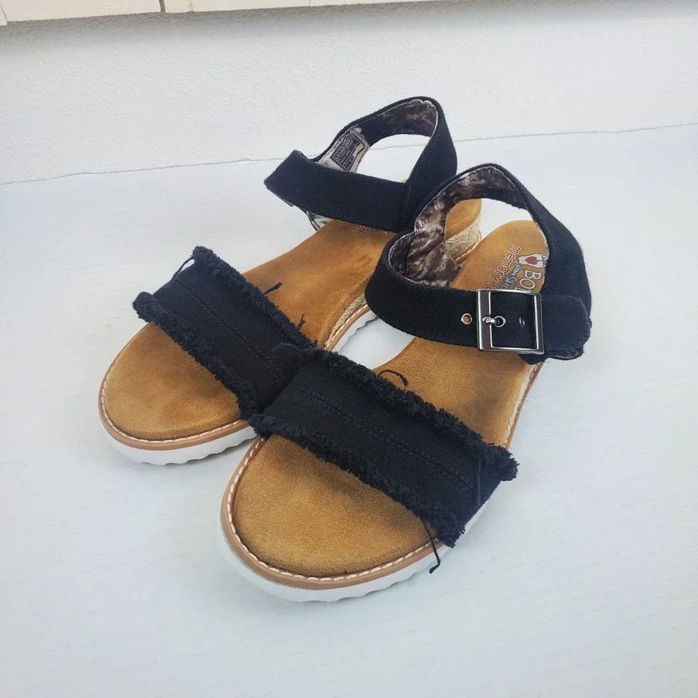 Skechers BOBS Desert Kiss Secret Picnic Black Frayed Espadrille Sandals 113541